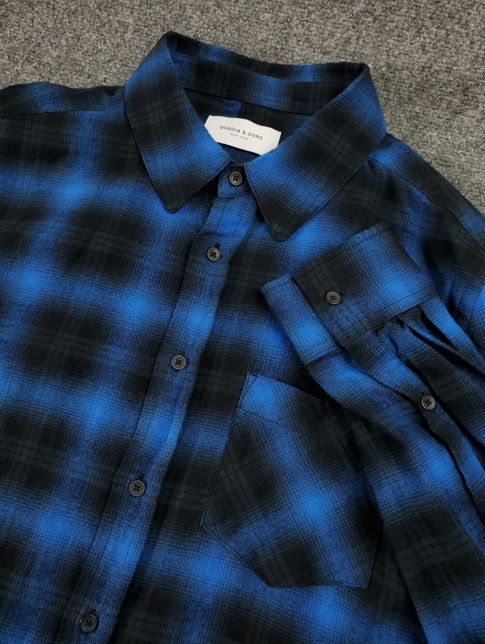 Ovadia & Sons Flannel Button Up Shirt Large Blue Black Shadow Plaid Designer